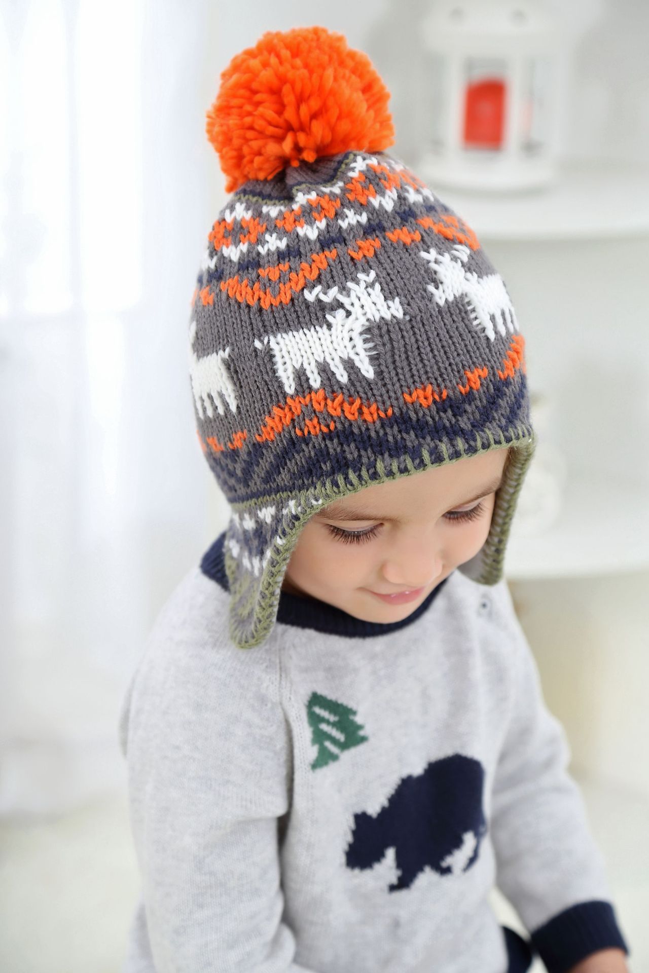 撞色小鹿提花男童针织帽儿童帽子儿童秋冬帽子加厚针织护耳保暖帽