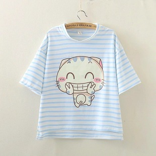 日系森可爱猫咪印花短袖t恤学生少女百搭条纹卡通打底衫上衣 批发
