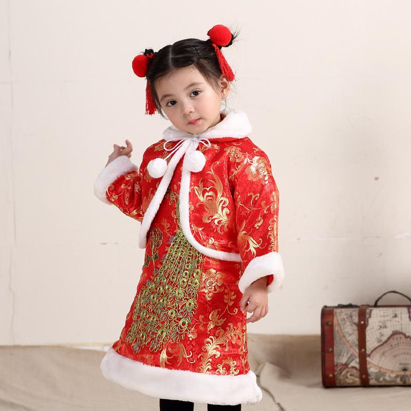 女童冬装凤尾两件套旗袍中国风唐装新年服古筝演出服