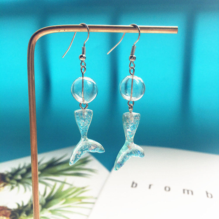 原创手工夏季新品透明玻璃小美人鱼鱼尾 超仙少女耳饰批发