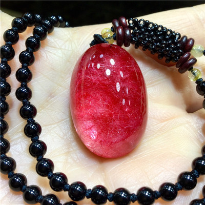 东海水晶天然红发晶聚宝盆顺发晶猫眼蛋面吊坠