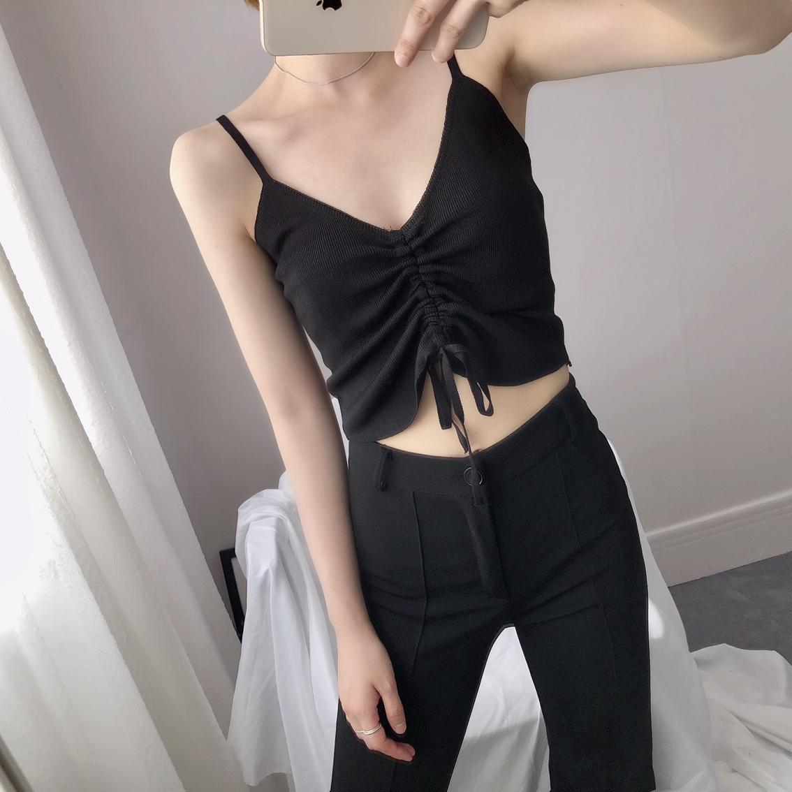 2019欧美风螺纹性感抹胸低领收腰抽绳纯色百搭背心修身吊带衫