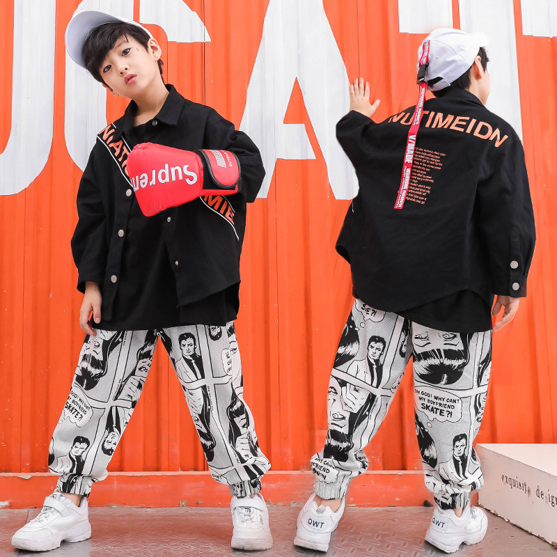 儿童街舞套装男童嘻哈宽松牛仔外套秋季韩版少儿hiphop演出服装秋