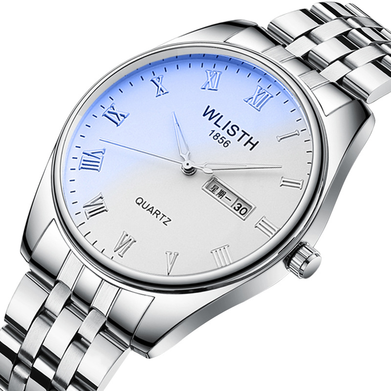 沃力仕情侣表手表时尚双日历石英表休闲蓝光防水钢带腕表男女手表