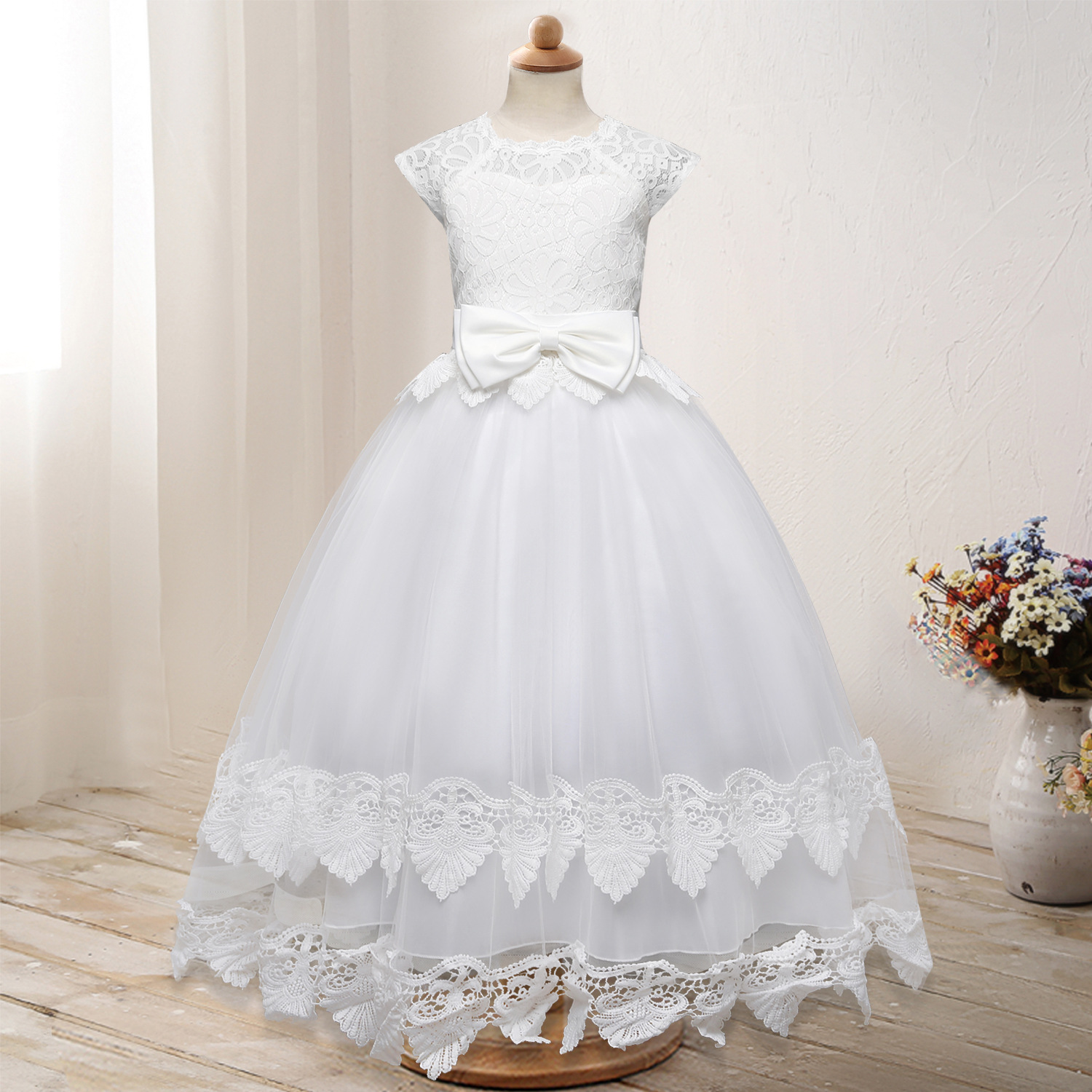 外贸爆款童礼服欧美蕾丝抹胸公主裙流苏花边长裙蝴蝶结花童婚纱裙