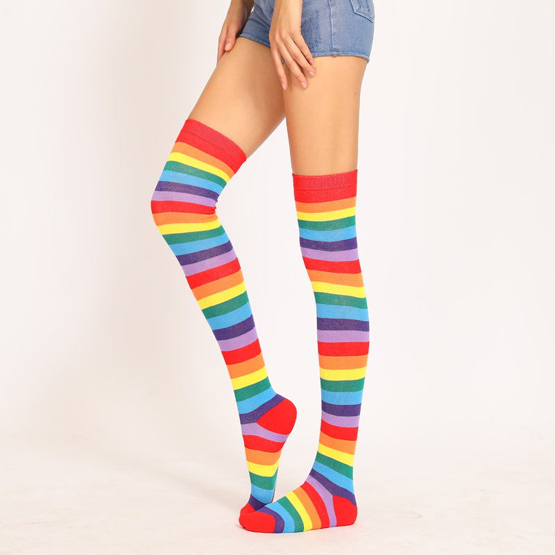 Red Colorful Socks Rainbow Stripes Knee High over-the-Knee Socks European and American plus Long