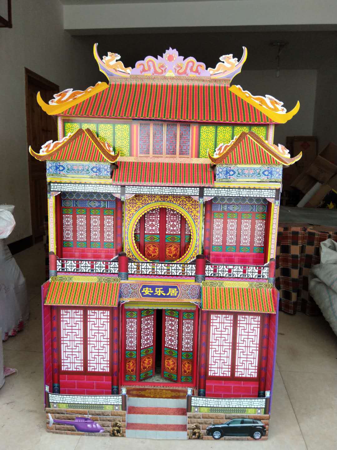 殡葬祭祀白事用品折叠仿古楼房纸扎灵屋瓦楞纸别墅无竹架冥房子