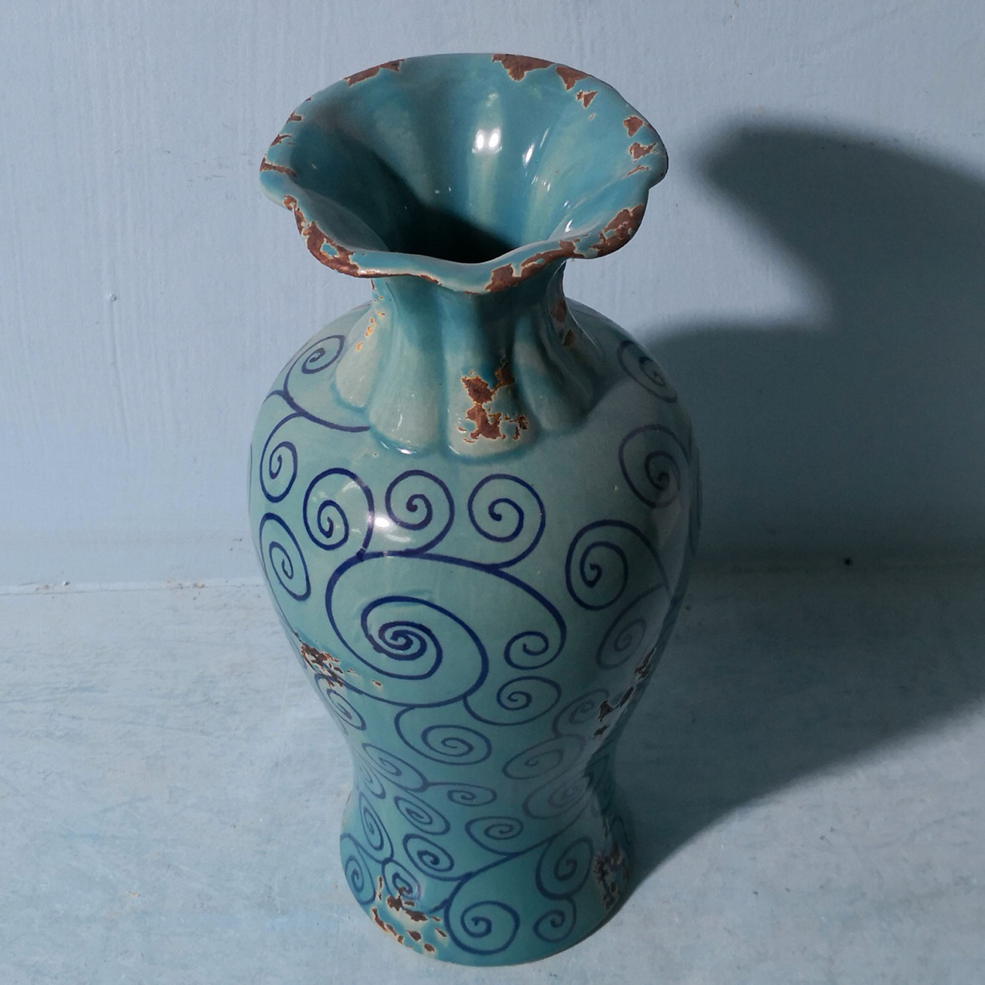 11"色釉手彩青花荷口鱼尾瓶干花塑料仿真花家居摆件花瓶15b135