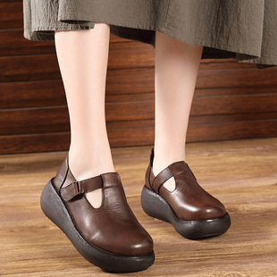 朵枝原创厚底真皮女鞋魔术贴2018新款复古民族风厚底松糕鞋单鞋女