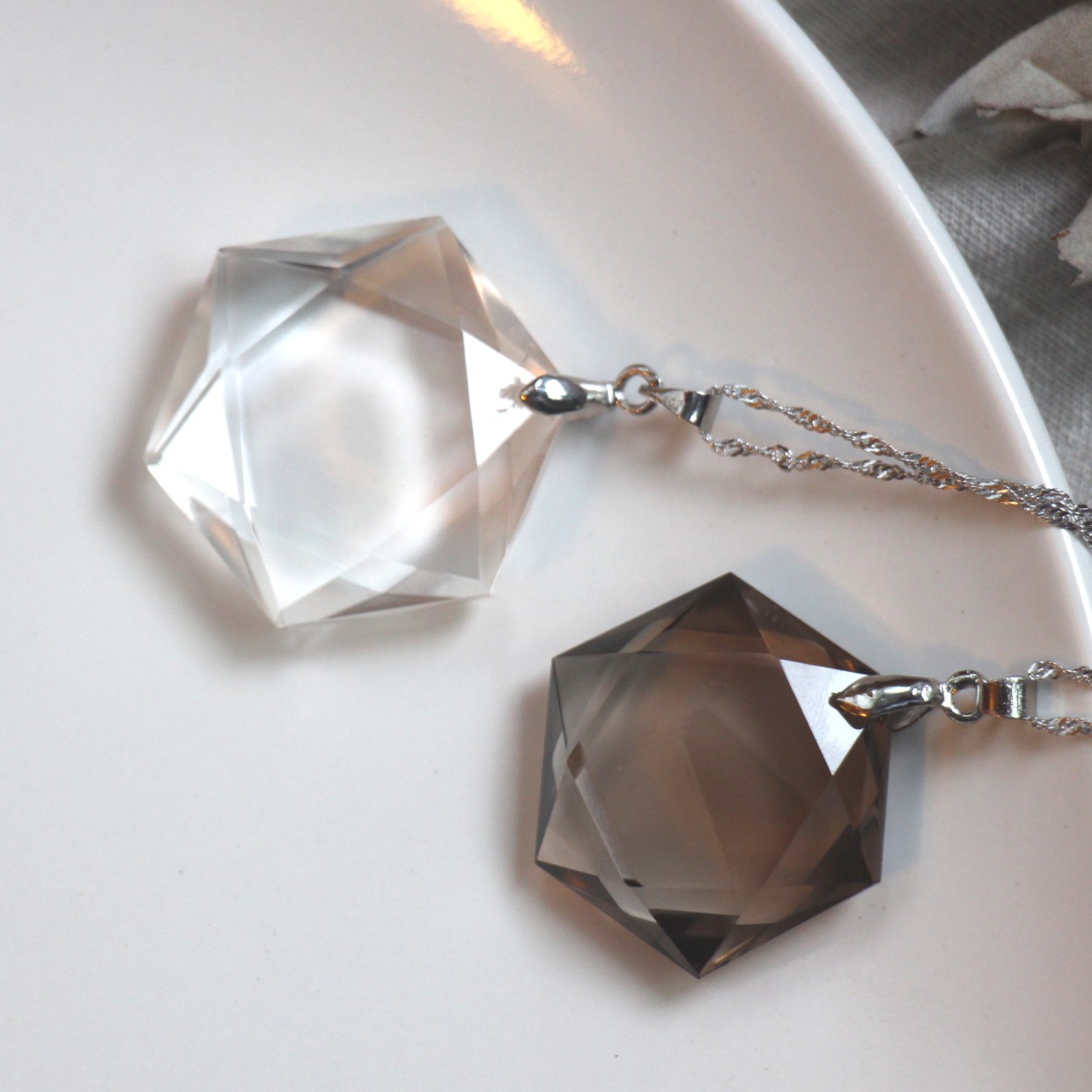 安居天然茶晶白水晶六芒星大卫星六边形吊坠 神圣几何