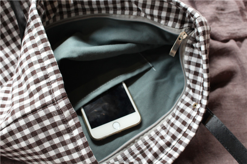 【归蝶布包】原创手工皮带单肩布包咖色藏青色小格子文艺日式原宿