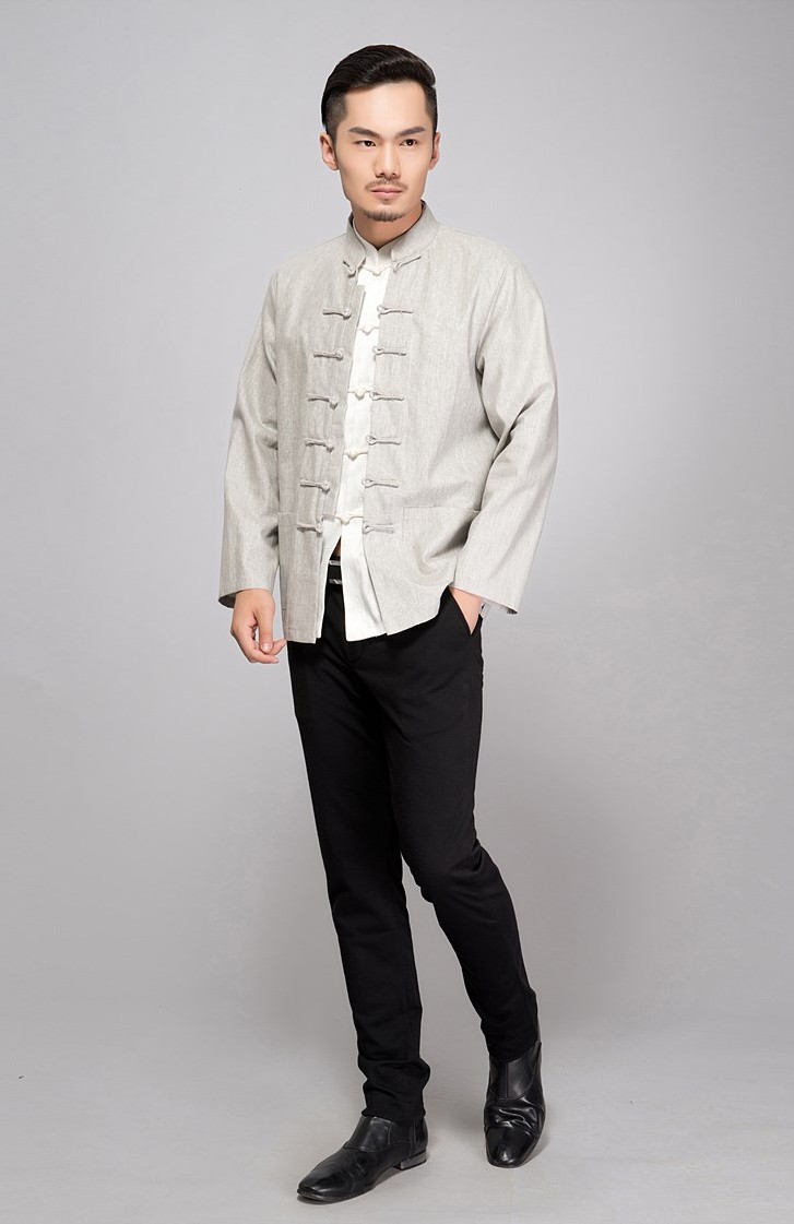 中国风唐装男长袖上衣中式立领盘扣对襟亚麻衬衫男式棉麻民族服装