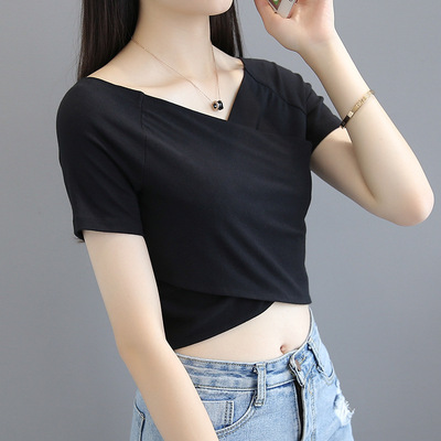 设计感v领短袖t恤白色露脐chic高腰短款紧身交叉小心机上衣女035