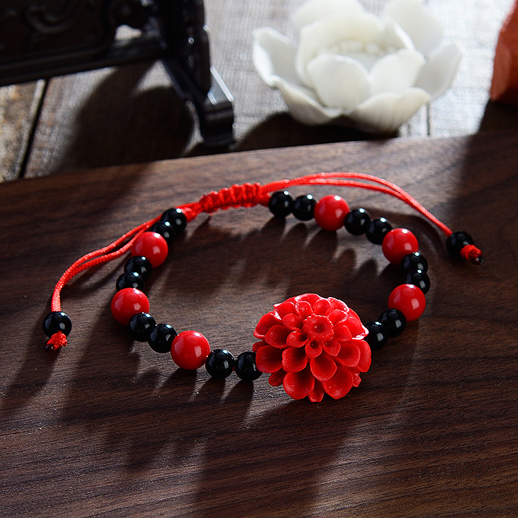 Cinnabar Red Lacquer Carving Rose Bracelet Wholesale Hand Strap Can Extend Ethnic Style Female Temple Fair Gift Store Celebration