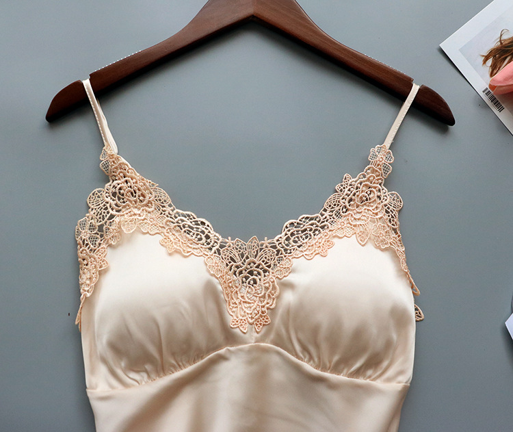 夏季女性感真丝吊带睡裙薄款冰丝睡衣带胸垫聚拢花边家居服