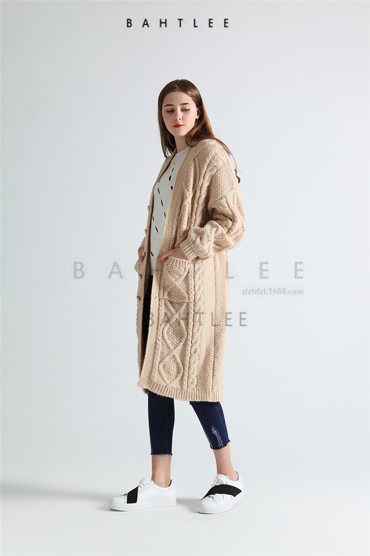 2018秋冬新款 长款羊毛针织大衣 开衫 外套 粗棒针 韩版 立体绞花