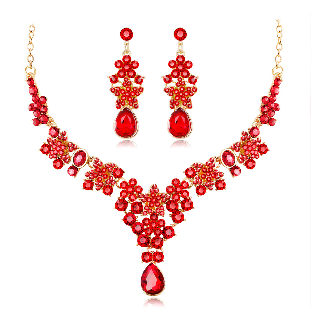 European and American Fashion Popular Ornament Multi-Color Crystal Bridal Necklace Set Wedding Jewelry All-Match Necklace and Earrings Suite