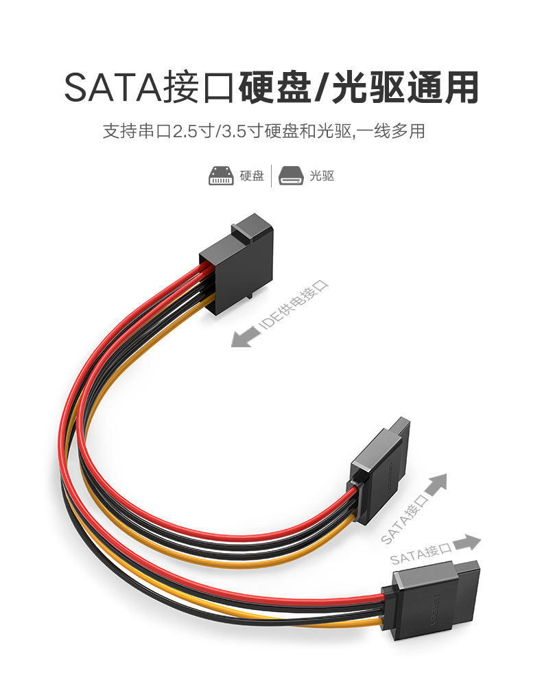 绿联sata电源线 台式机电脑硬盘连接大4pin转15pin一分二转接线