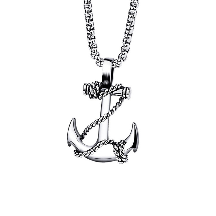 热销海军风不锈钢绳索船锚项链 欧美时尚男女钛钢船锚吊坠配饰品