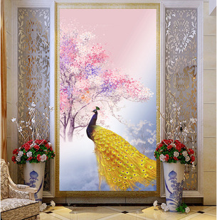 5d花开富贵金孔雀竖版玄关过道风景壁画3d沙发电视背景墙纸壁纸