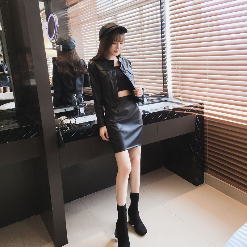 加厚/薄款 秋冬韩版名媛时尚套装皮外套上衣 包臀皮短裙两件套女
