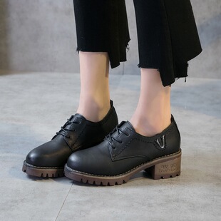 英伦风小皮鞋女粗跟学院风2018新款春季中性复古女鞋百搭系带单鞋