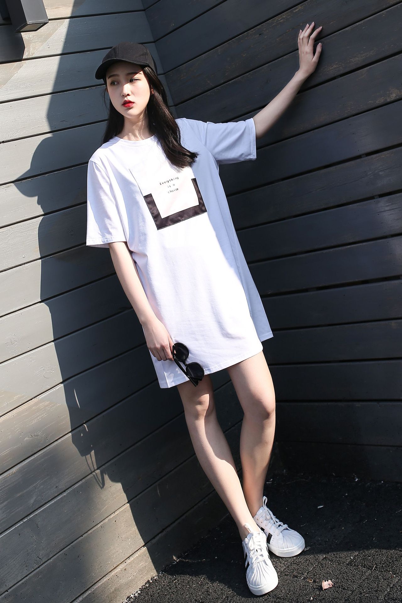 韩版时尚贴布短袖中长款t恤裙夏季休闲宽松开叉大码女裙1018007