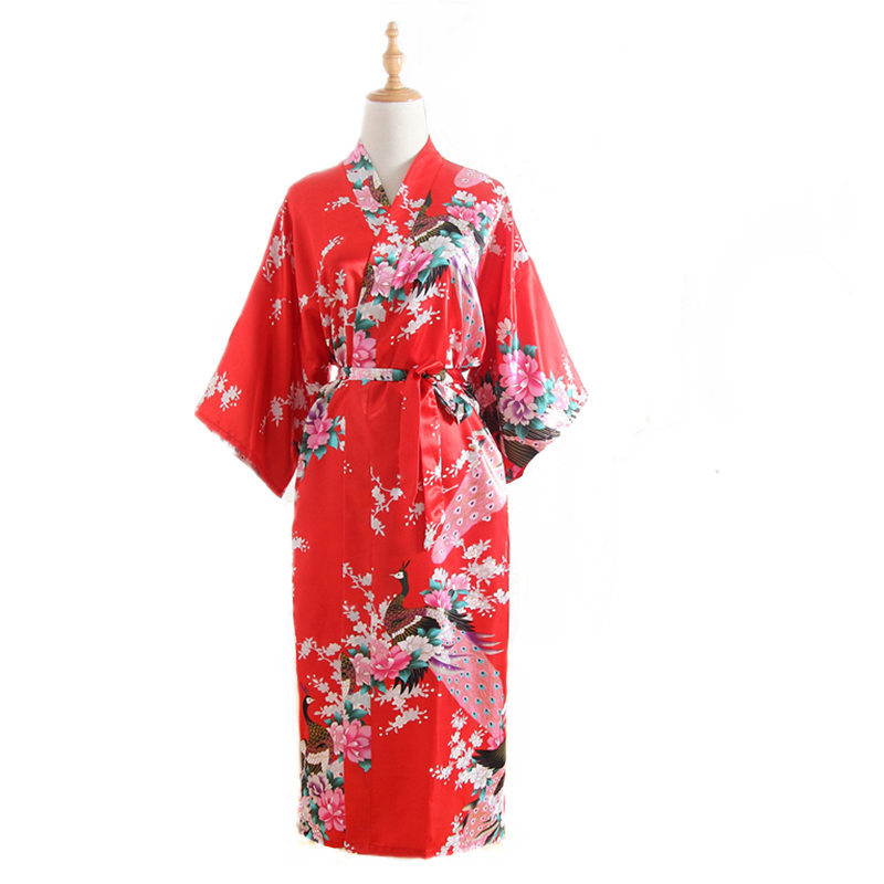 Foreign Trade Cross-Border Peacock Long Free Size Nightgown Artificial Silk Summer Single Japanese Kimono Open Robe
