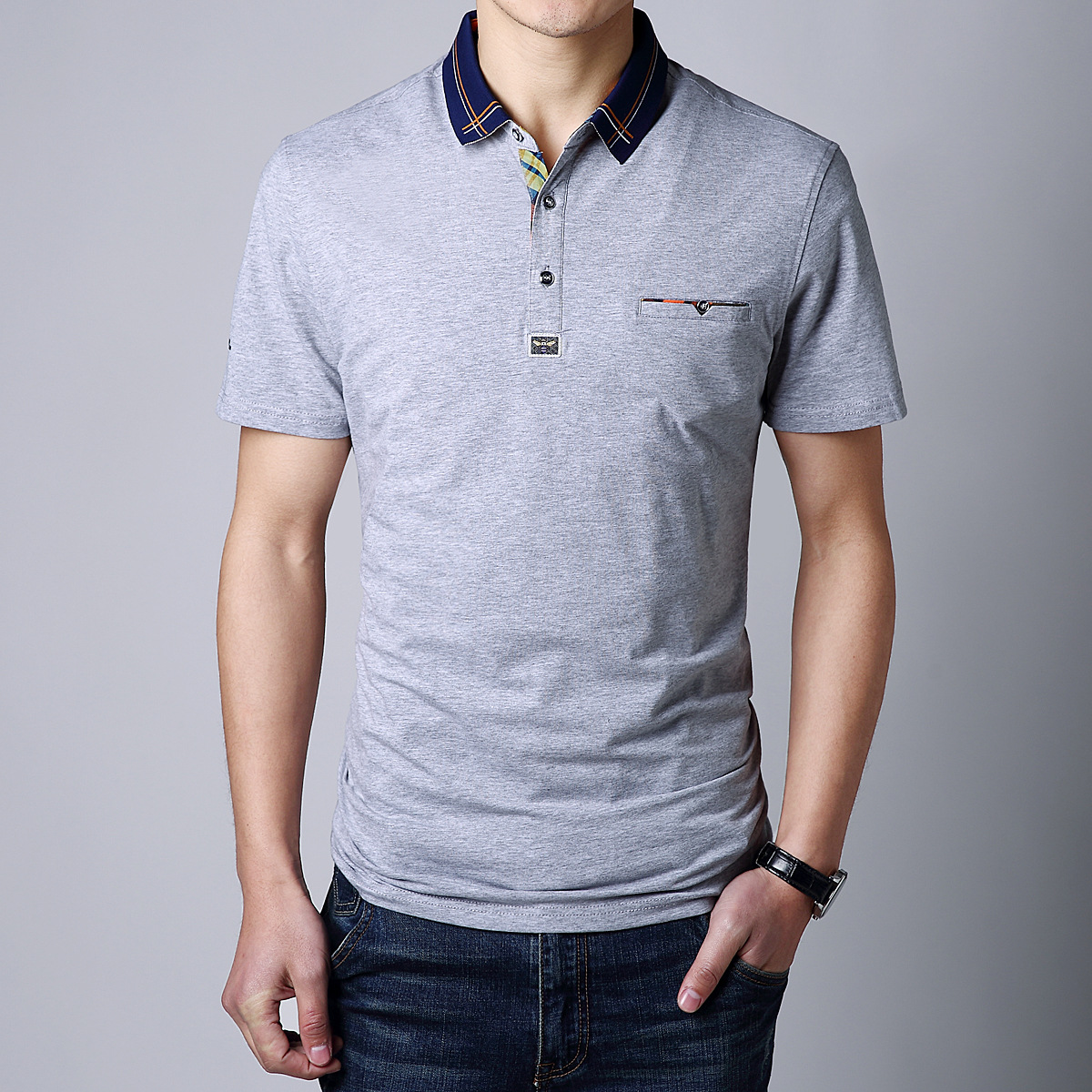 啄木鸟纯色polo衫男式短袖t恤青年纯色翻领上衣休闲半袖男zmn7102