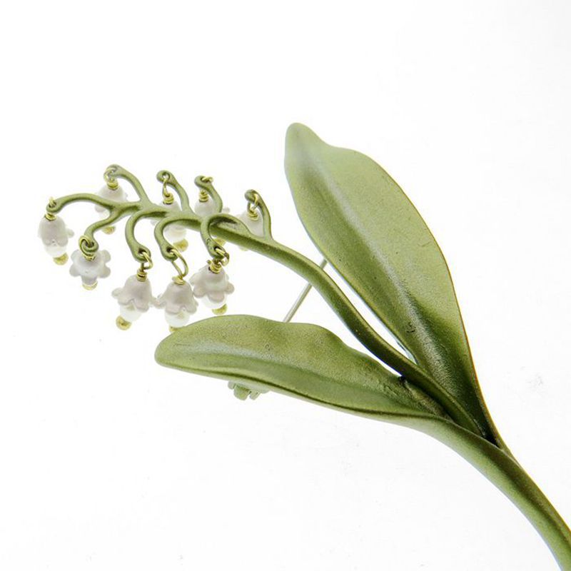 欧美饰品vintage女款天然珍珠花芯爆款山谷百合铃兰绿色烤漆胸针