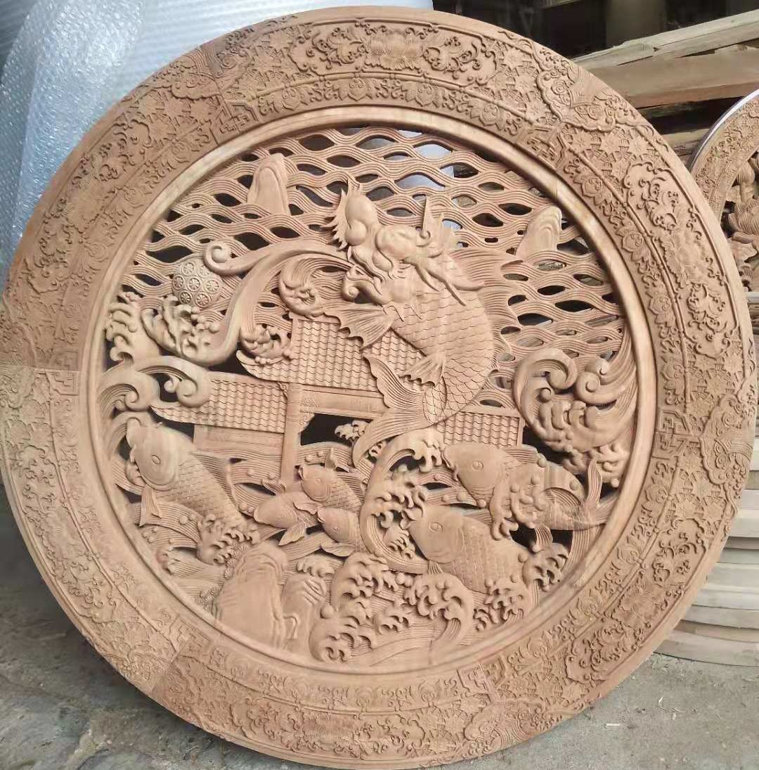 东阳木雕挂件批发 圆形浮雕鱼跃龙门木雕挂件 中国风家居木雕挂件