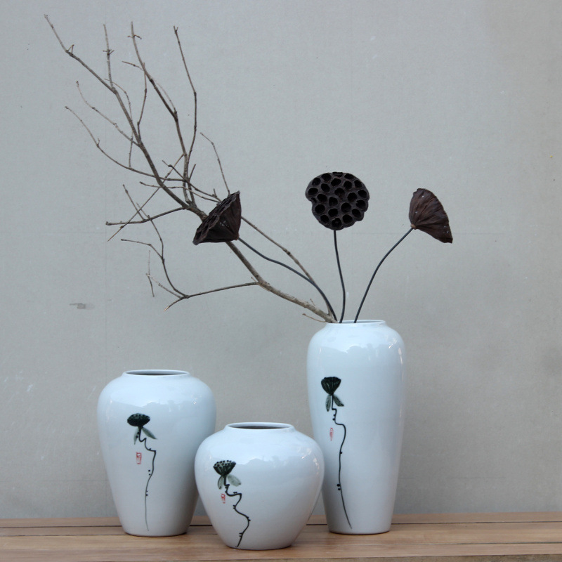 景德镇陶瓷花瓶 手绘莲蓬三件套客厅花瓶摆件创意装饰玄关橱柜