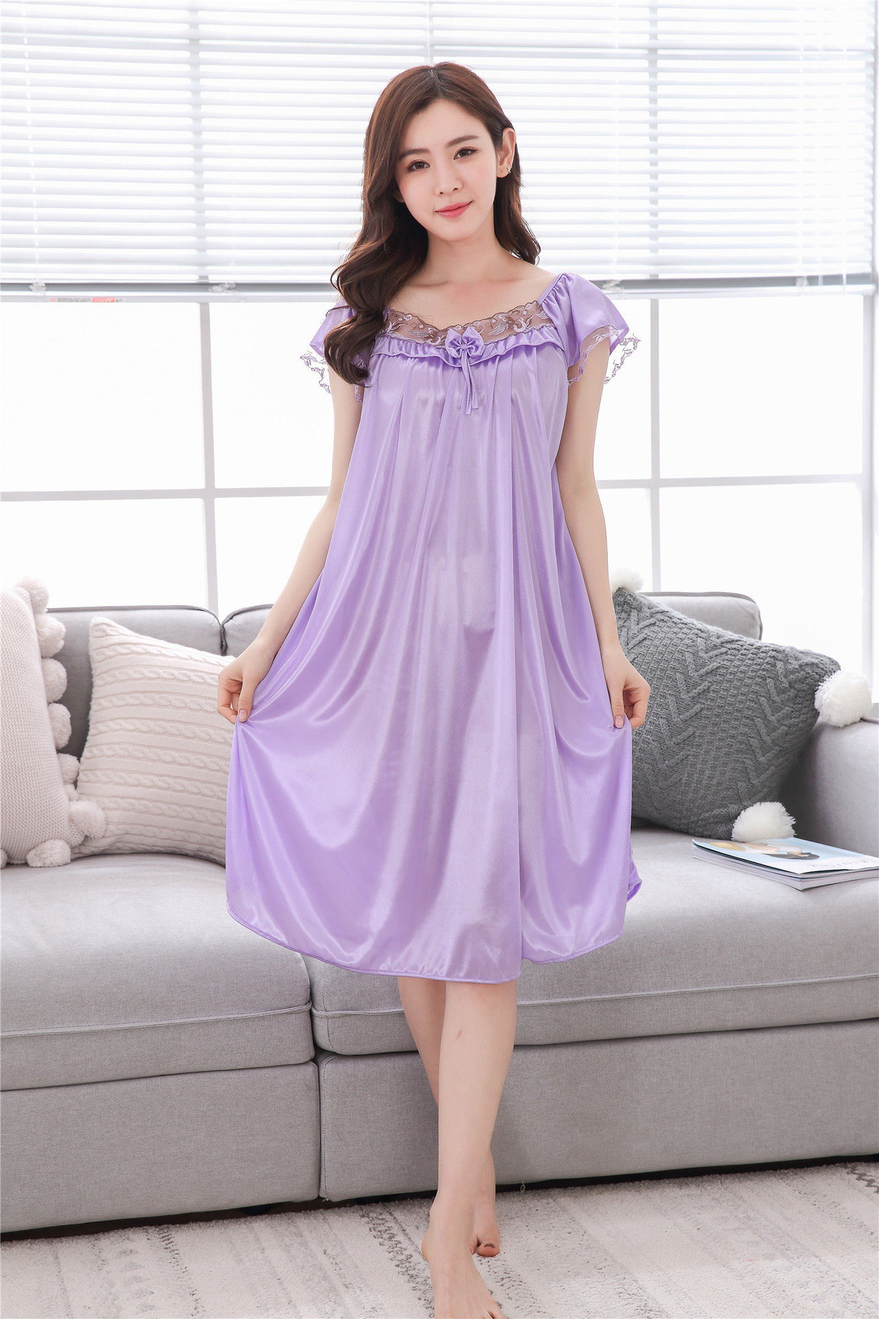 纯色性感冰丝睡裙夏季短袖女士大码胖mm冰丝中长款睡裙