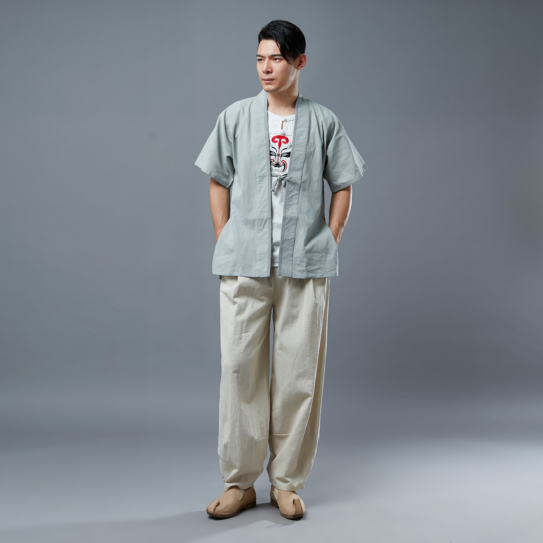 夏季新品男士系带汉衫中国风男装 苎麻休闲短袖衬衫 一件代发