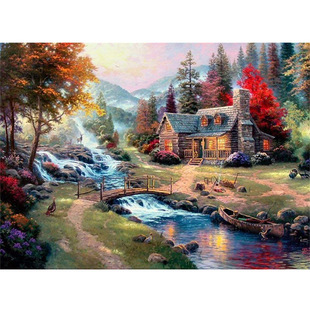 亚马逊新款 diy5d钻石画十字绣森林山水小屋油画贴钻画源头厂家