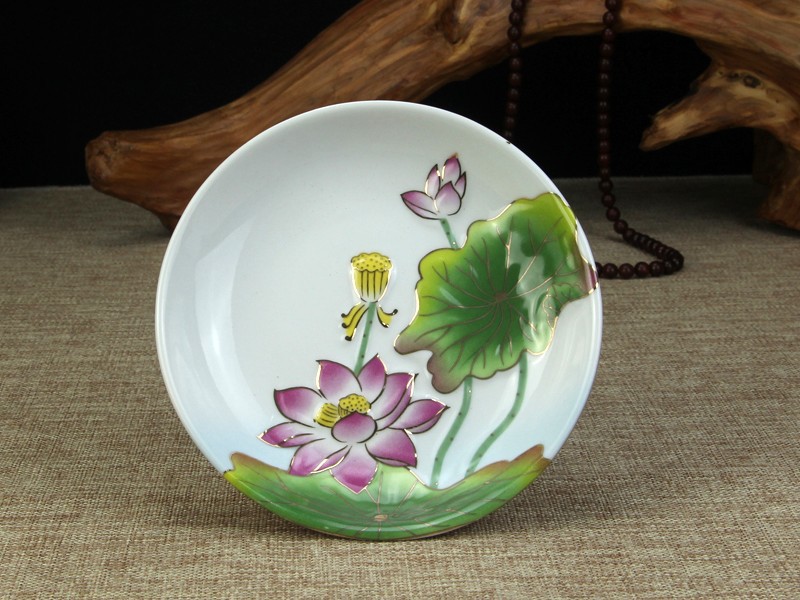 陶瓷供盘家用高脚果碟莲花果盘贡碟浮雕水果盘子桌面摆件佛堂供具