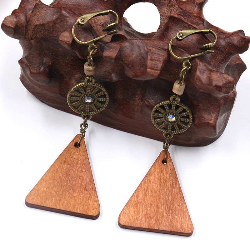 韩版日系时尚创意新款配饰 三角木头吊坠长款木质耳环首饰耳夹女