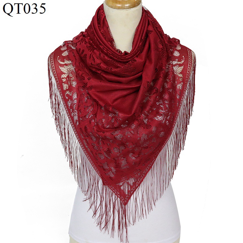 Cross-Border Lace Hollow Scarf Female Tassel Air Conditioning Shawl Factory Direct Sales New Pure Bright Red Scarf Wholesale