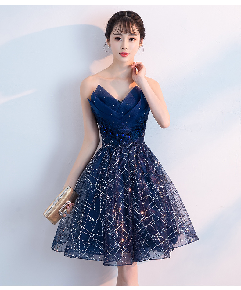 小晚礼服女2020新款蓝色抹胸短款宴会高贵小个子派对连衣裙星空大
