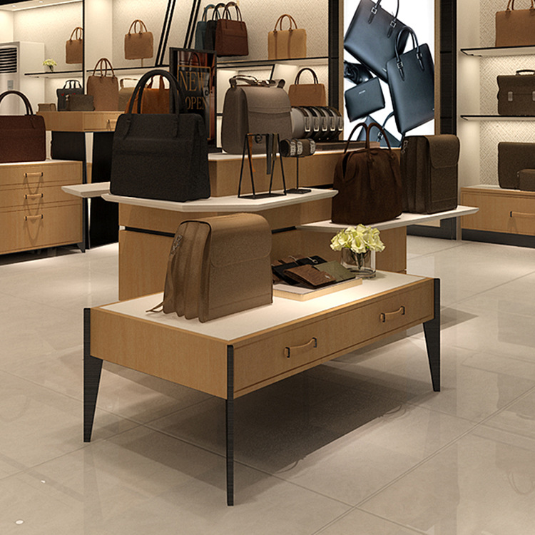 男士品牌皮包展示柜靠墙 贴木皮喷清漆展示台 创意包包流水台制作