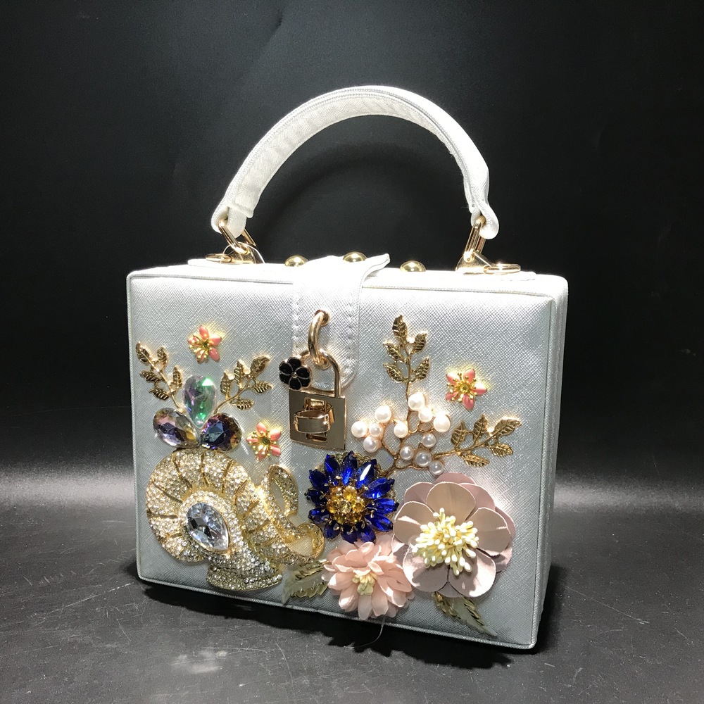 欧美走秀手提皮包外贸重工晚宴包立体花朵手提包单肩斜背女士pu包