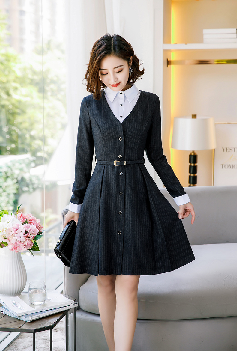 幼师职场女装连衣裙2018新款教师秋季时尚ol条纹正式职业套装裙