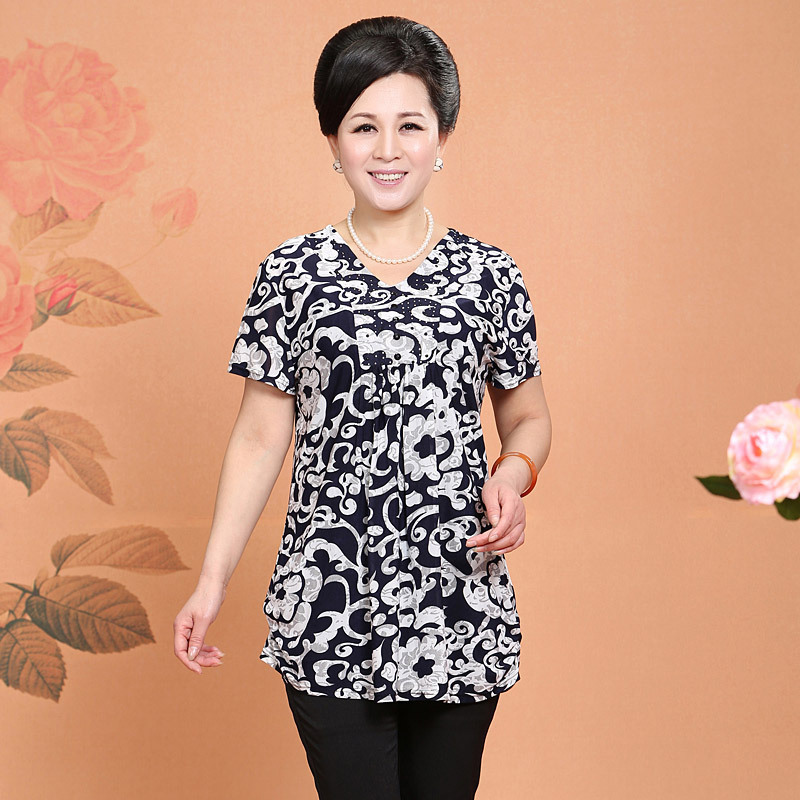 夏季大妈短袖t恤中老年女装冰丝棉花纹t恤 大码休闲服装厂家批发
