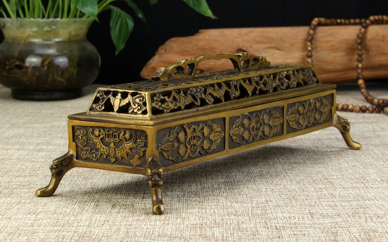 纯铜卧炉仿古纯铜四足长香炉黄铜做旧宣德炉卧香炉薰香炉家居摆件