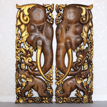 泰国木雕壁饰 东南亚风格实木雕刻大象雕花板家居电视背景墙饰