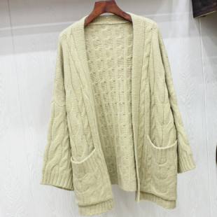 复古麻花羊驼绒口袋长袖针织衫开衫粗针加厚v领学生毛衣外套上衣