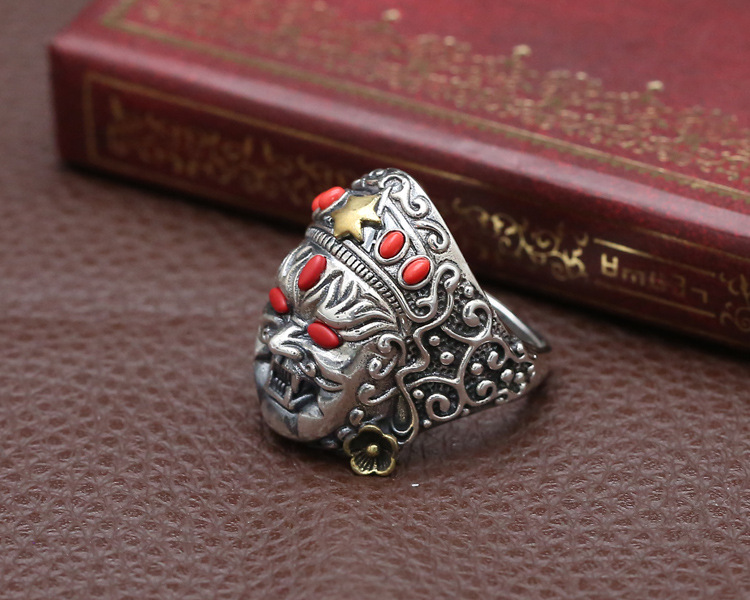 中国风招财黄财神纯银戒指s925纯银复古男指环个性夸张厂家批发