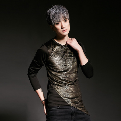 潮男歌手亮料个性不规则打底衫夜店dj舞台装长袖t恤男发型师服装