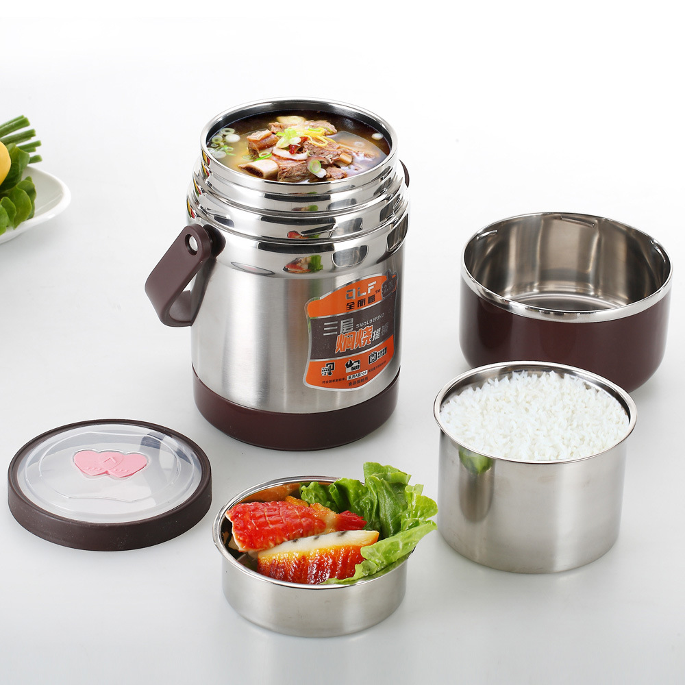 不锈钢304真空双层保温饭盒提锅 三层防溢保温密封焖烧提锅