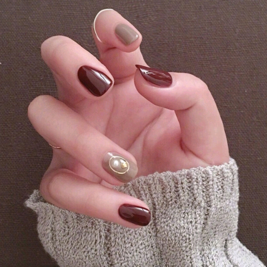 假指甲网红穿戴甲 ins酒红色晕染美甲指甲贴片甲贴